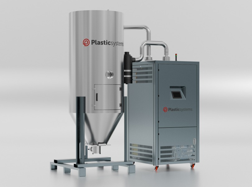 Plastic Systems DW-droger: hopper op frame met besturingskast